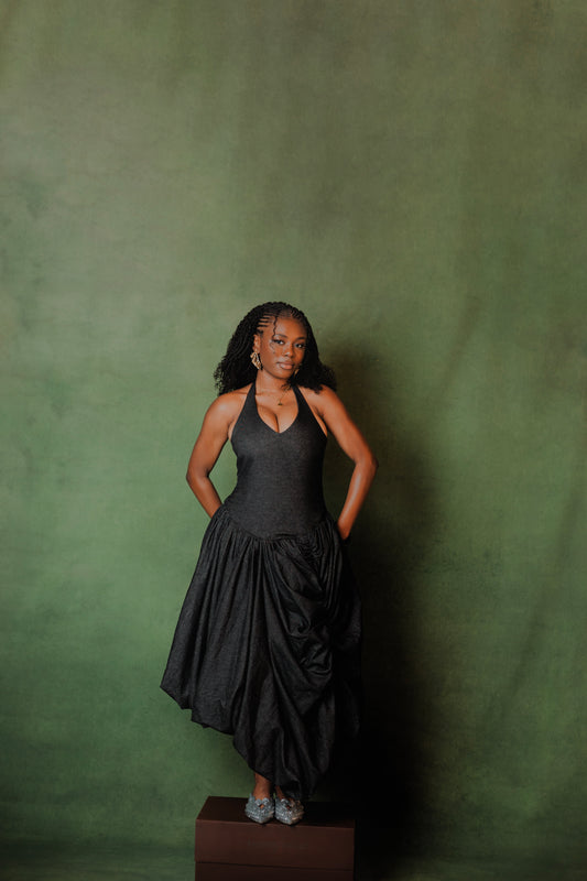 Asymmetric denim midi dress