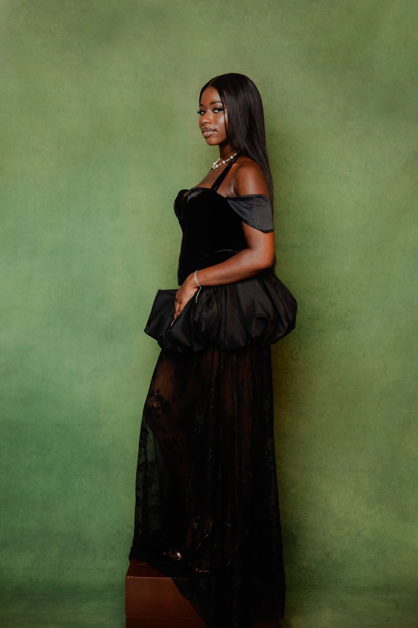 Black corset with bubble lace maxi skirt